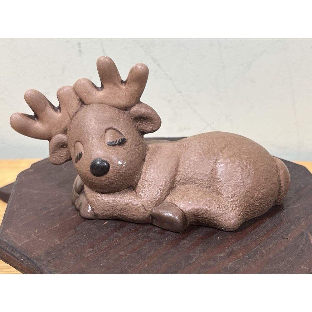 Vintage Christmas 4.25" Hand-Painted Reindeer Winter Decor Ceramic Sleeping Deer